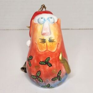 Festive Colorful Ceranic Cat Ornament with Santa Hat RARE
